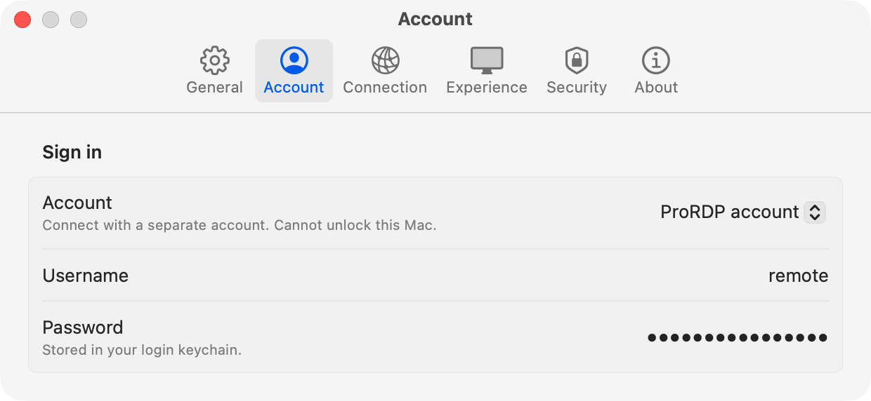 The Account pane of ProRDP Settings: under Sign in, Account is set to ProRDP account, Username is remote, and the Password field shows it is stored in the login keychain.