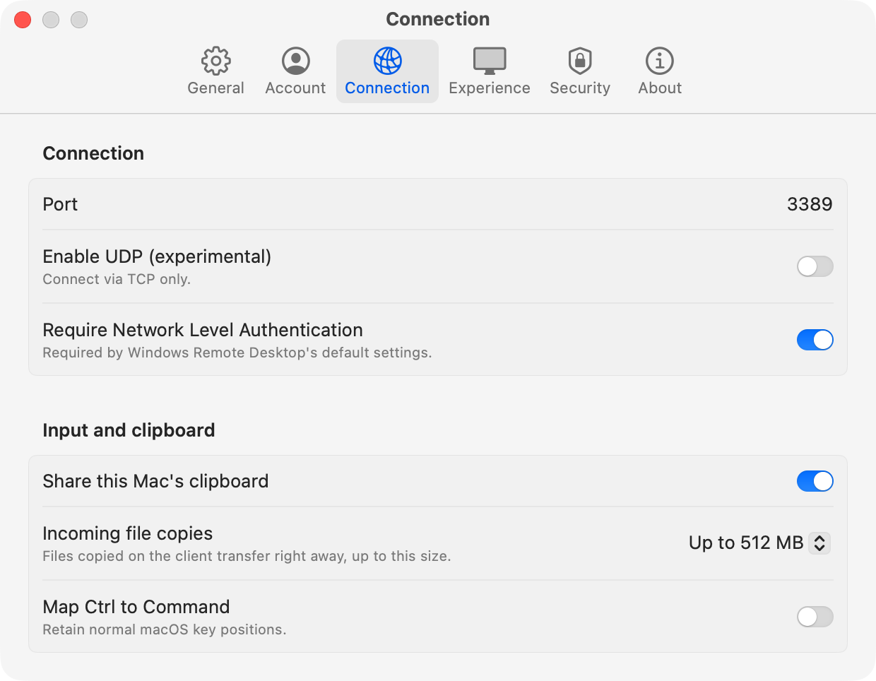 The Connection pane of ProRDP Settings: Port 3389, Enable UDP (experimental) off, Require Network Level Authentication on; under Input and clipboard, Share this Mac’s clipboard on, Incoming file copies set to Up to 512 MB, and Map Ctrl to Command off.
