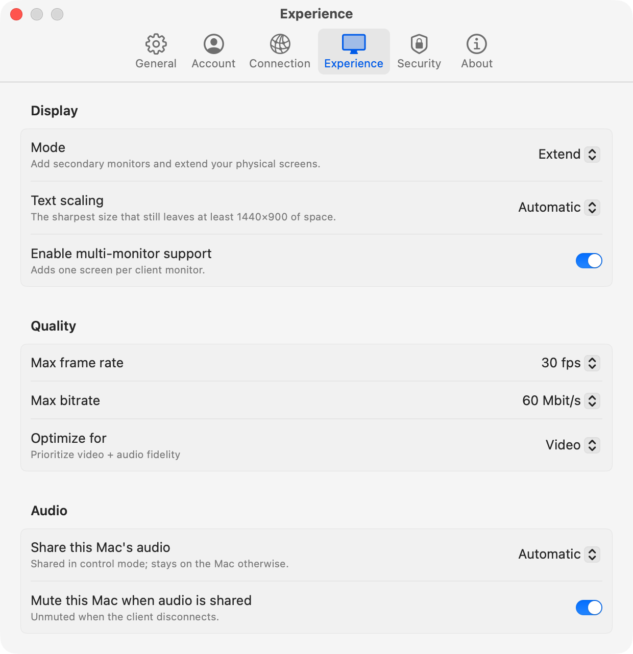 The Experience pane of ProRDP Settings: Display has Mode set to Extend, Text scaling Automatic and multi-monitor support on; Quality has 30 fps, 60 Mbit/s and Optimize for Video; Audio has Share this Mac’s audio set to Automatic and Mute this Mac when audio is shared on.