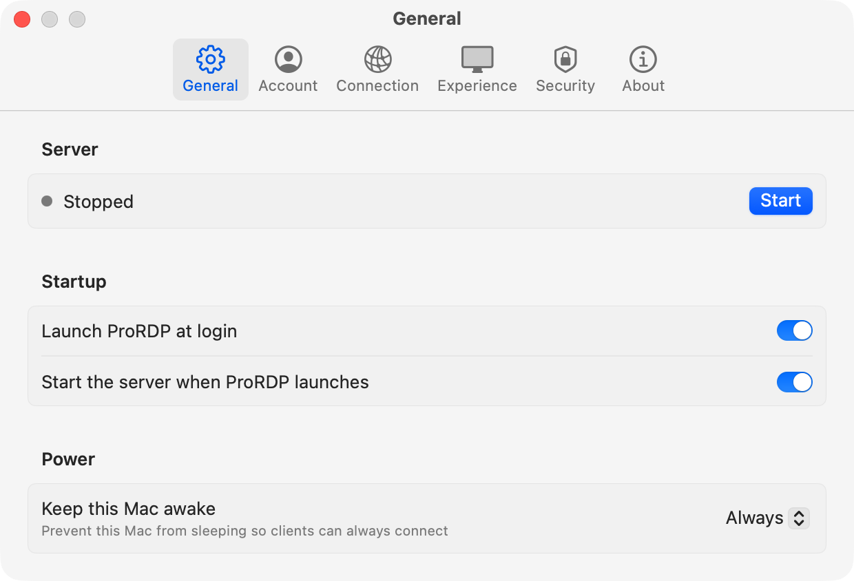 The General pane of ProRDP Settings: the Server section shows Stopped with a Start button; Startup has Launch ProRDP at login and Start the server when ProRDP launches switched on; Power has Keep this Mac awake set to Always.